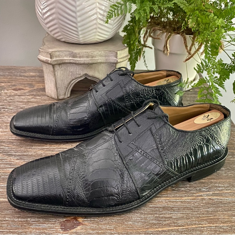 Vtg Exotic Teju Lizard Ostrich Skin David Eden Mens 11 Oxfords Dress Shoes Black